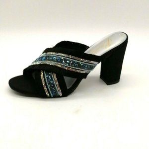 Beacon Womens Abigail Chunky High Heel Slide Sandal Black w/Rhinestones  8 M NEW